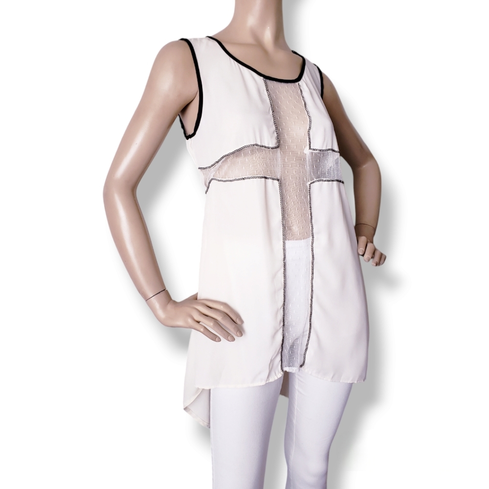 Penelope Cream & Black Hi Lo Cross Panel Dotted Mesh Blouse